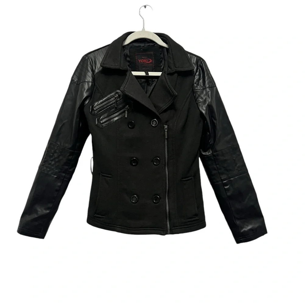 YOKI WOMENS BLACK FLEECE AND FAUX LEATHER JACKET COAT SIZE SMALL - Picture 2 of 13